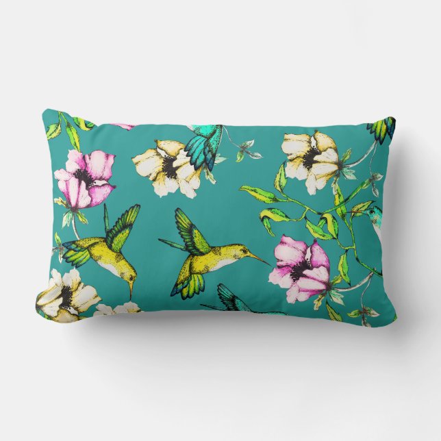 Coussin Rectangle Colibris et fleurs enchantés d'aquarelle de jardin (Recto)