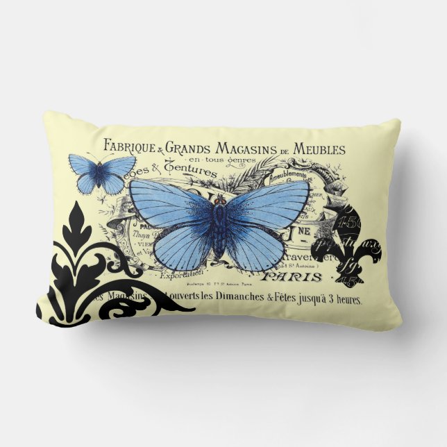 Coussin Rectangle Collage bleu vintage de papillon (Recto)
