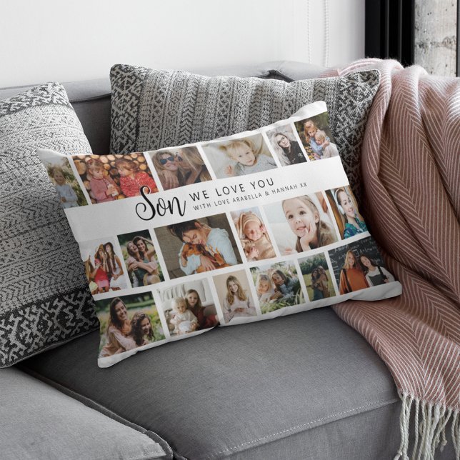 Coussin Rectangle Collage de 18 Photos Fils Personnalisé (Créateur téléchargé)
