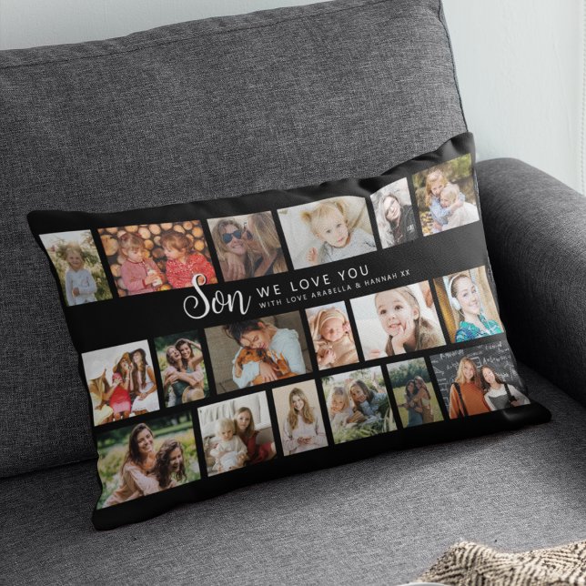 Coussin Rectangle Collage de 18 Photos Fils Personnalisé (Créateur téléchargé)