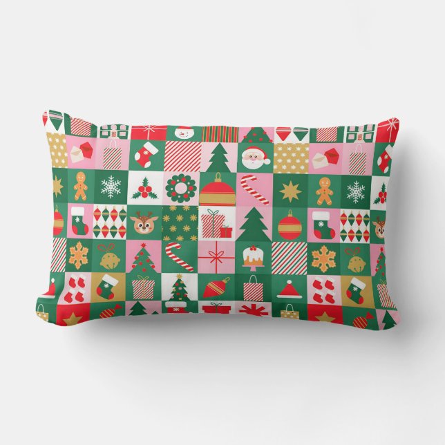 Coussin Rectangle Collage de Noël festif de cadeaux, d'arbres et d'o (Recto)