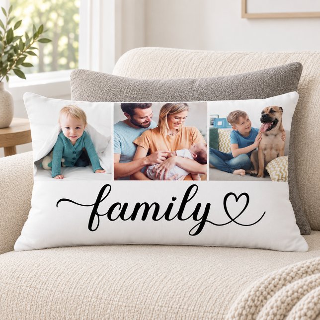Coussin Rectangle Collage de photos 3 Script Cœur de famille (Créateur téléchargé)