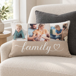 Coussin Rectangle Collage de photos 3 Script cœur de la famille Tan