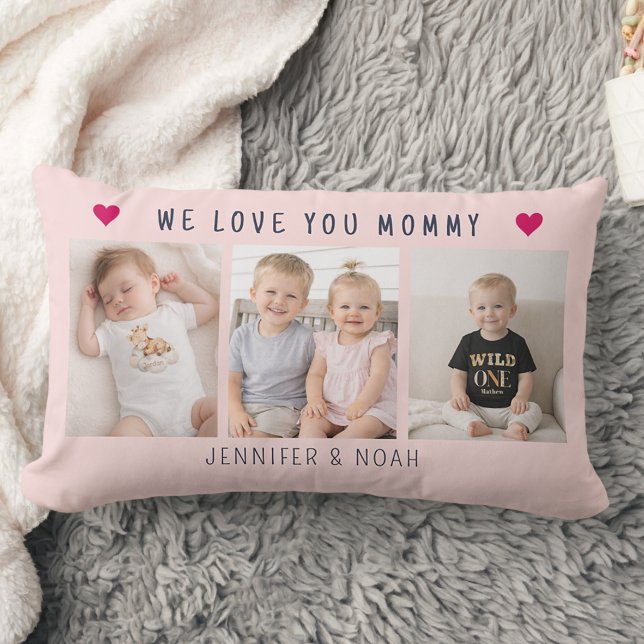 Coussin Rectangle Collage personnalisé de 3 photos pour maman rose (Créateur téléchargé)