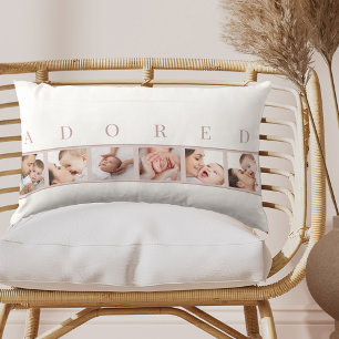 Coussin Rectangle Collage photo bébé ADORED rose et blanc
