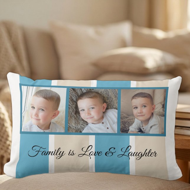 Coussin Rectangle Collage photo familial rayé crème et blanc (Créateur téléchargé)
