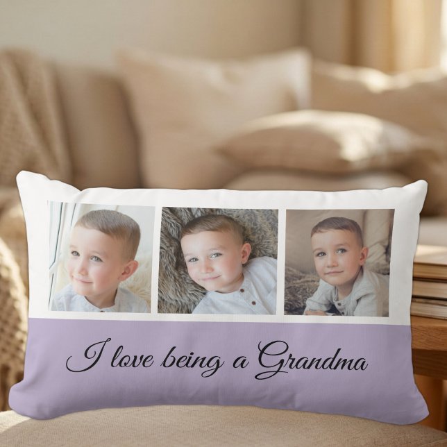Coussin Rectangle Collage photo lilas et blanc pour grand-mère (Créateur téléchargé)