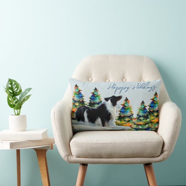 Coussin Rectangle Collie frontalier en hiver Arbre de Noël de neige (Chaise)