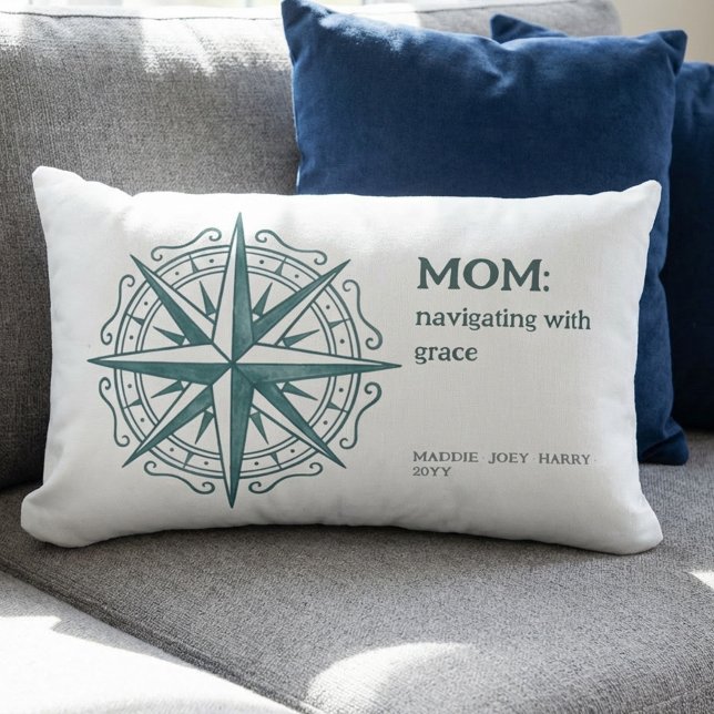 Coussin Rectangle Compass Rose Mom Quote Nautical Heritage (Nautical Mom pillow with Family Names - perfect for mother's day, birthday or just because!)