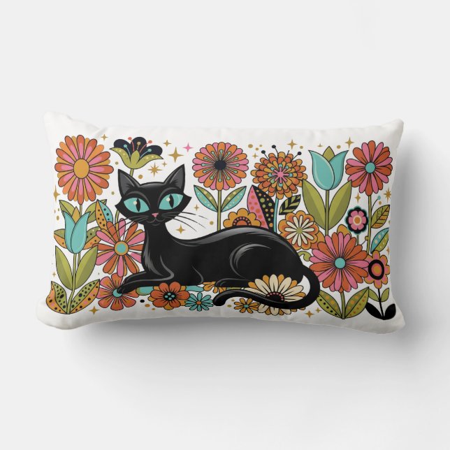 Coussin Rectangle Conception bohème florale de chat noir rétro des a (Recto)