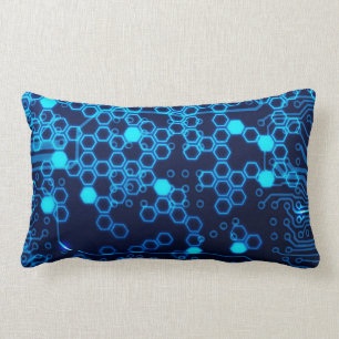 Coussin Rectangle Cool Blue Electronic Circuit Board Motif Hexagon