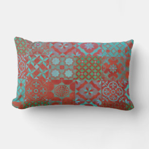 Coussin Rectangle Cool, carreaux de la mer Égée tendance en rouge et