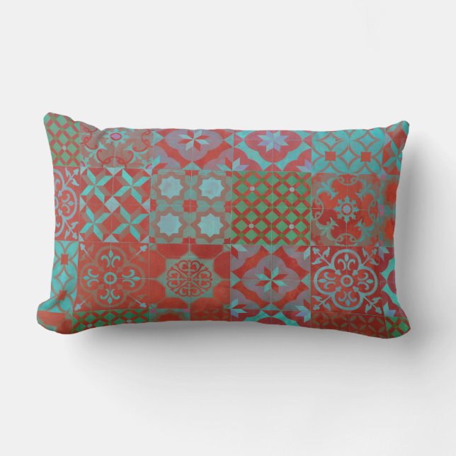 Coussin Rectangle Cool, carreaux de la mer Égée tendance en rouge et (Recto)