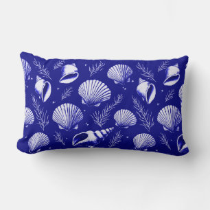 Coussin Rectangle Coquillages et Algues en Bleu Nuit et Blanc