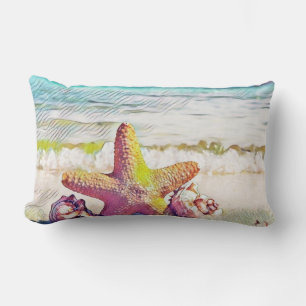 Coussin Rectangle Coquillages rose jaune et bleu aquarelle