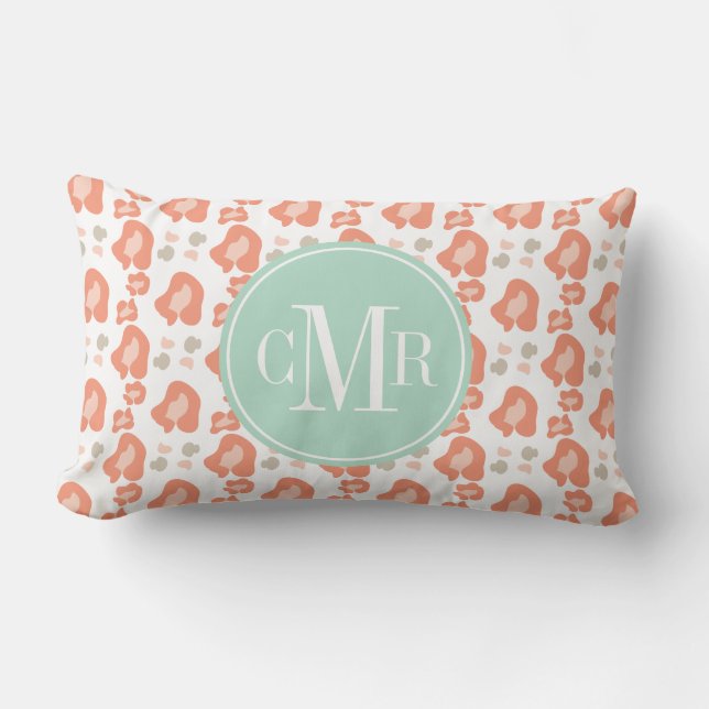 Coussin Rectangle Corail de monogramme et empreinte de léopard (Recto)