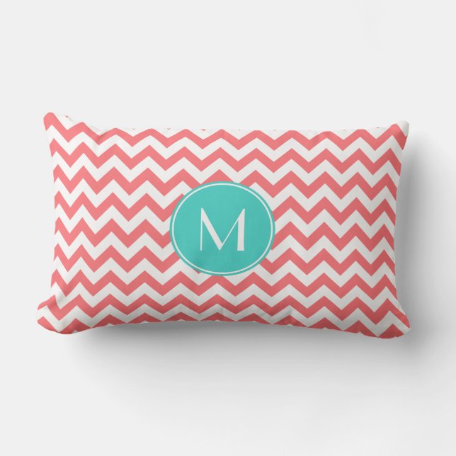 Coussin Rectangle Corail de zigzag et monogramme de coutume d'Aqua (Recto)
