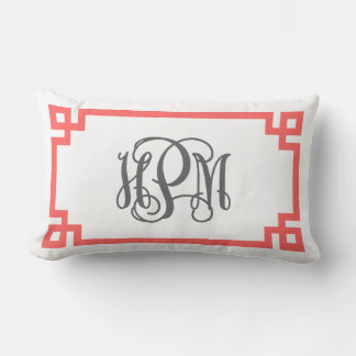 Coussin Rectangle Corail et Gris Gris Clé grecque Monogramme