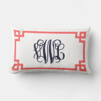 Coussin Rectangle Corail et marine grec Script clé Monogramme
