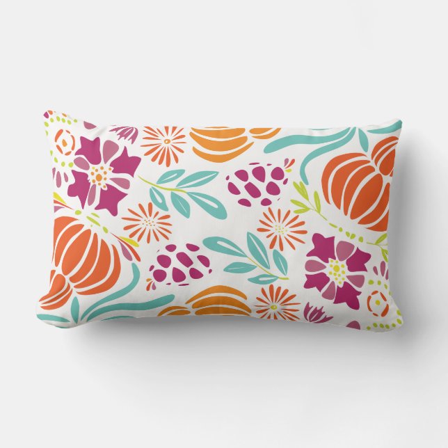 Coussin Rectangle Corail jaune violet vert Art déco motif floral (Recto)