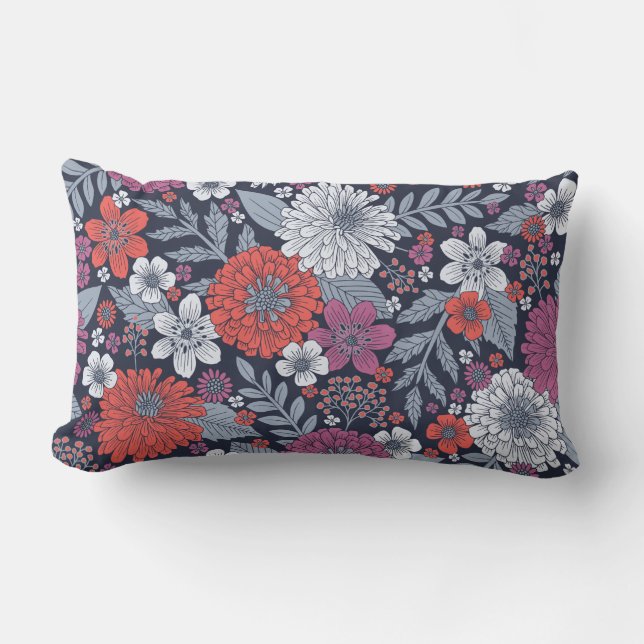 Coussin Rectangle Corail, Magenta et Zinnias bleu (Recto)