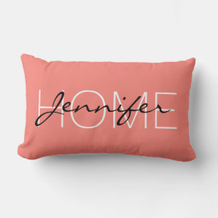 Coussin Rectangle Corail rose couleur maison monogramme