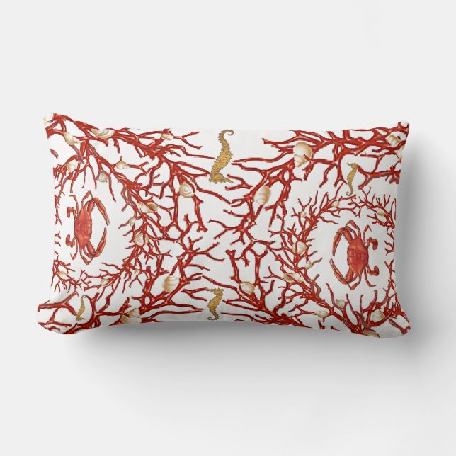 Coussin Rectangle Corail rouge, crabes, et hippocampes (Recto)