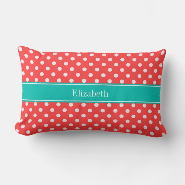 Coussin Rectangle Coral Red, White Polka Dots (Recto)