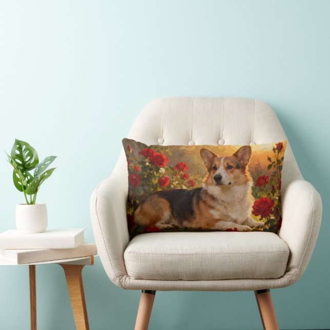 Coussin Rectangle Corgi dans les Roses VI (Chaise)