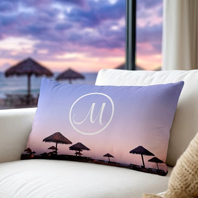 Coussin Rectangle Coucher de soleil sur la plage violet photo monogr (Créateur téléchargé)