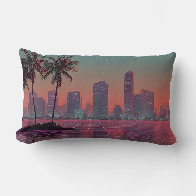 Coussin Rectangle Coucoucher de soleil Retro Synthwave Cityscape (Recto)
