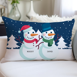Coussin Rectangle Couple Bonhomme de Neige Noms Personnalisés Noël P
