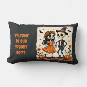 Coussin Rectangle Couple de squelettes d'Halloween mignon en orange
