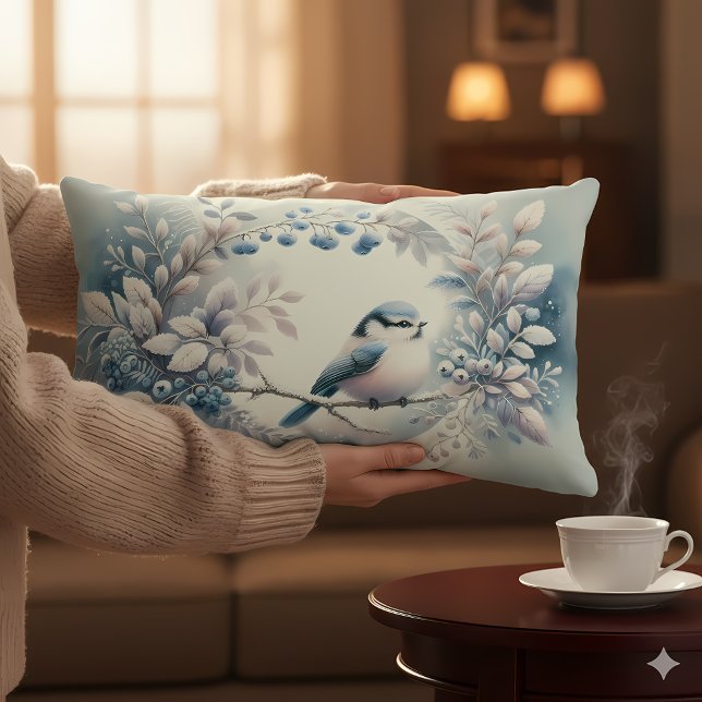 Coussin Rectangle Couronne de baies de merisier pour l'hiver (Winter Bluebird Berry Wreath Lumbar Pillow Mockup C)