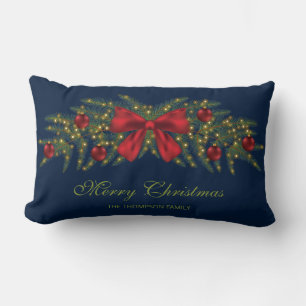 Coussin Rectangle Couronne de Noël avec un nœud rouge et des boules