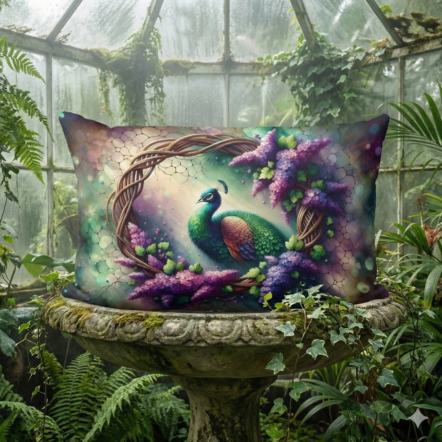 Coussin Rectangle Couronne florale de paon enchanté (Enchanted Peacock Floral Wreath Lumbar Pillow Mockup A)