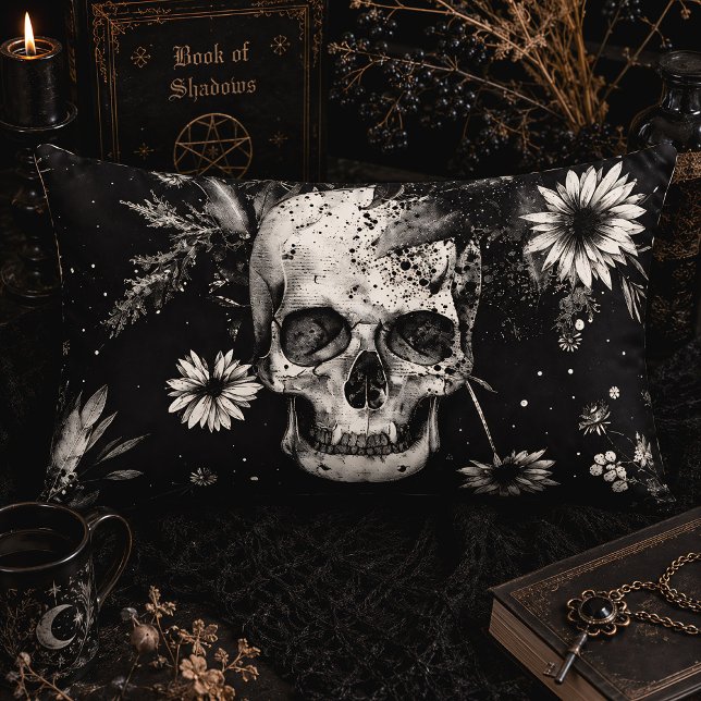 Coussin Rectangle Crâne Botanique Gothique Noir & Blanc (Créateur téléchargé)