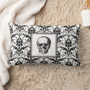 Coussin Rectangle Crâne de motif damassé noir gothique Halloween