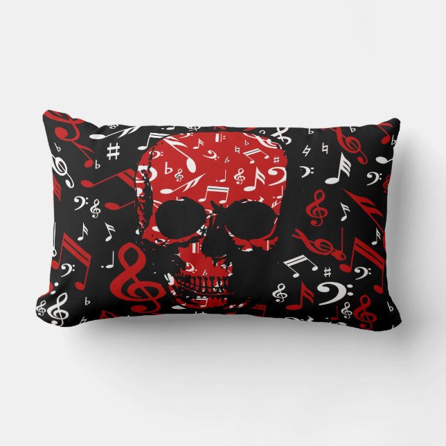 Coussin Rectangle Crâne noir rouge de notes musicales (Recto)