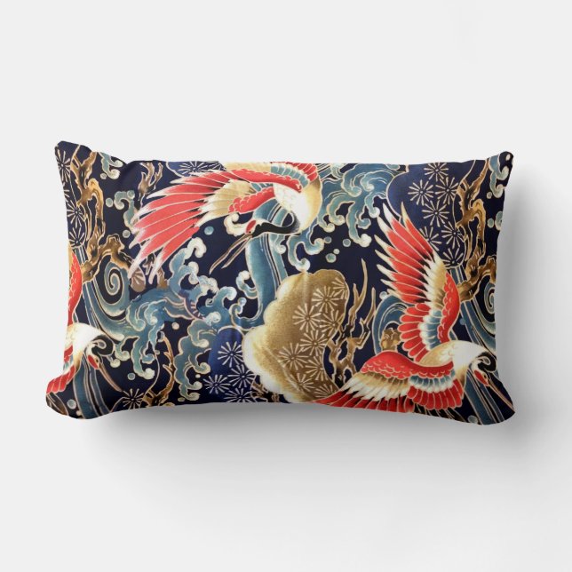 Coussin Rectangle CRANES DE VOL, VAGUES, FLEURS DE PRINTEMPS Japonai (Recto)