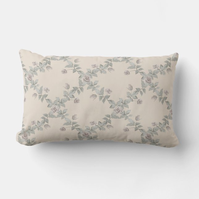 Coussin Rectangle Cream Taupe Rose Sage Trellis Pattern (Recto)