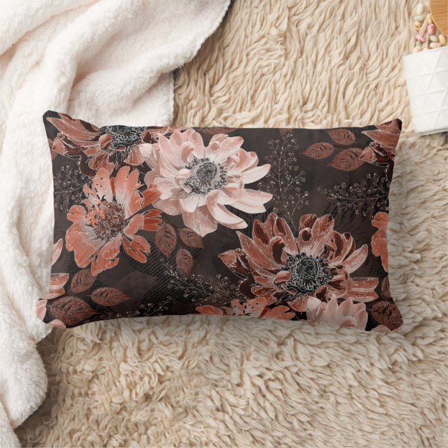 Coussin Rectangle Crème, fleurs de teracote sur un arrière - plan br (Couverture)