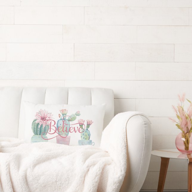 Coussin Rectangle Croire Citation Vert Cactus Rose Succulent Fleur (Canapé)