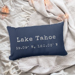 Coussin Rectangle Custom City Coordinates Throw Pillow | Navy<br><div class="desc">Show your love for your hometown or current city with our custom coordinates lumbar throw pillow. Shown for Lake Tahoe, our dark navy blue pillow features your city name and latitude and longitude in ivory vintage typewriter lettering. Enter your city name and coordinates using the fields provided, or use the...</div>