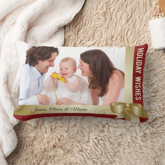 Coussin Rectangle Custom Name & Photo Holiday Red, Gold Bow (Couverture)