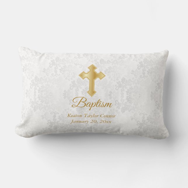 Coussin Rectangle Damas blanches et baptême d'or (Recto)