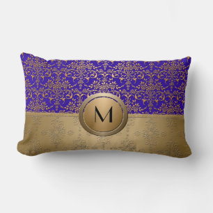 Coussin Rectangle Damassé à monogramme bleu royal et or