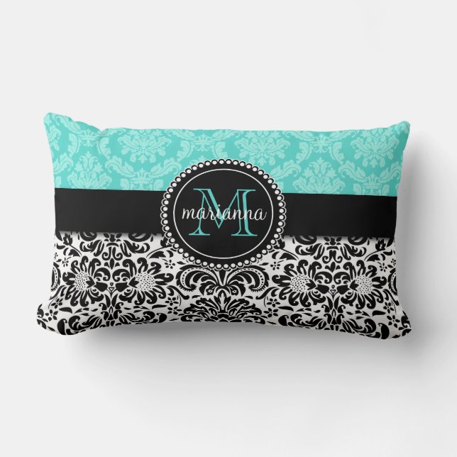 Coussin Rectangle Damassé élégante de noir d'Aqua personnalisée (Recto)