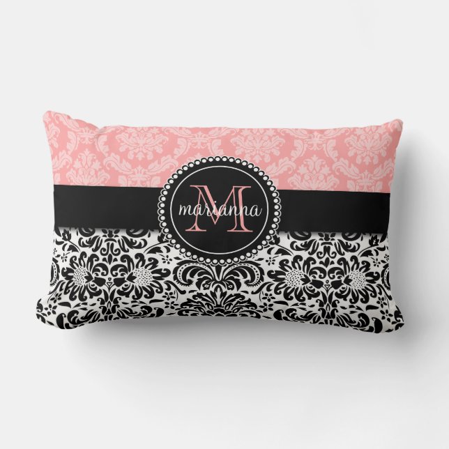 Coussin Rectangle Damassé élégante de noir de roses pâles de Paris (Recto)