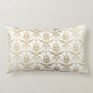 Coussin Rectangle Damassé florale chic élégante vintage d'or blanc